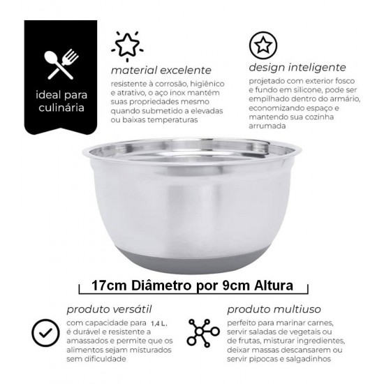 Bowl 17cm 1,4 Litros Em Aço Inox E Silicone Mimo Style